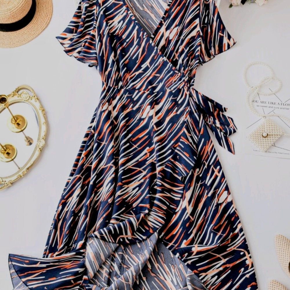 SHEIN Blue and White V-Neck High Low Sundress